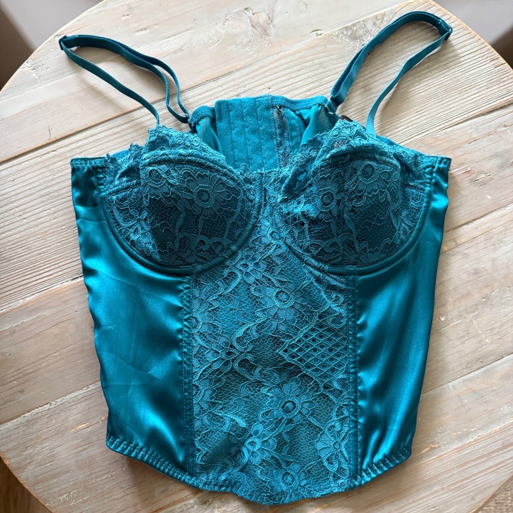 Sincerely Jules Teal Blue Lace Satin Sexy Corset Top Bustier Size Medium NWT